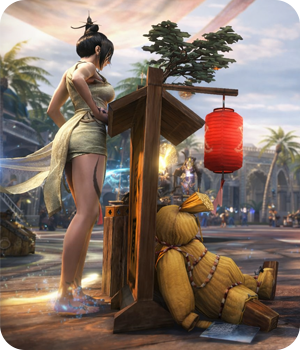 A trader stands beside a lantern-lit market stall